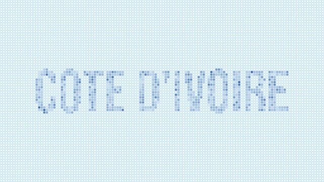 Cote d'Ivoire dotted map animation. Digital style shape of the country. Cote d'Ivoire shape and title dots appear with bulb flickering effect. Intro, outro, logo, title video.