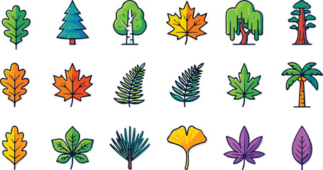 Tree and leaf illustration set, colorful botanical icons, oak pine birch maple willow redwood palm fern ginkgo, nature vector, plant design © Rima