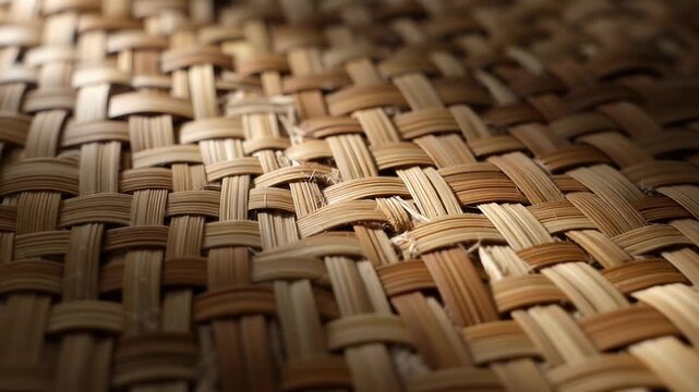 Close-up view of a woven texture showcasing a pattern of interlaced strips in a natural fiber