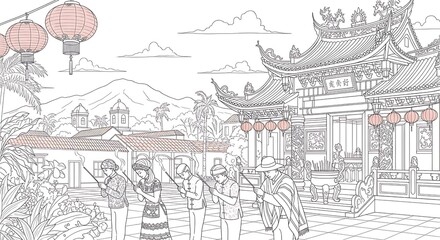 Obraz premium Line art depicts people bowing, praying outside an ornate Asian temple. Lanterns and plants adorn the landscape, with mountains in the background