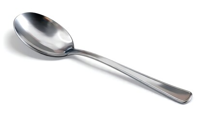 A single realistic metal spoon resting on a plain white background, isolated from any other objects
