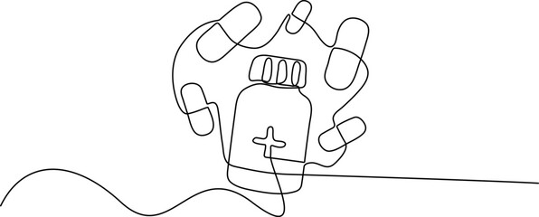 Fototapeta premium WebMinimalist Line Art Hand Holding Medicine Bottle with Pills