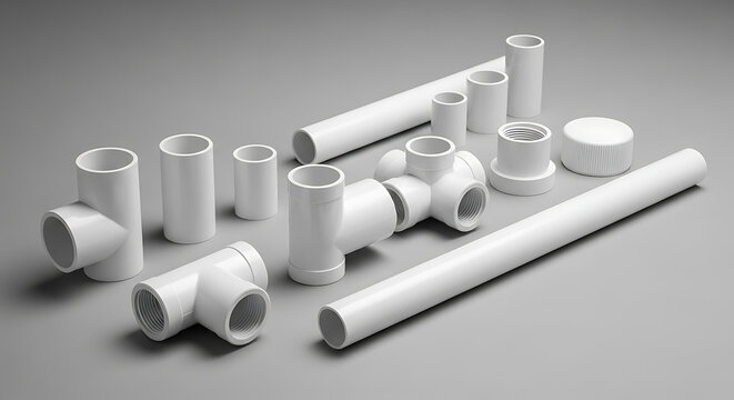 Composition of white CPVC plumbing pipe fittings and straight tube segments arranged on a neutral grey background symbolizing domestic water supply systems and construction hardware supplies.