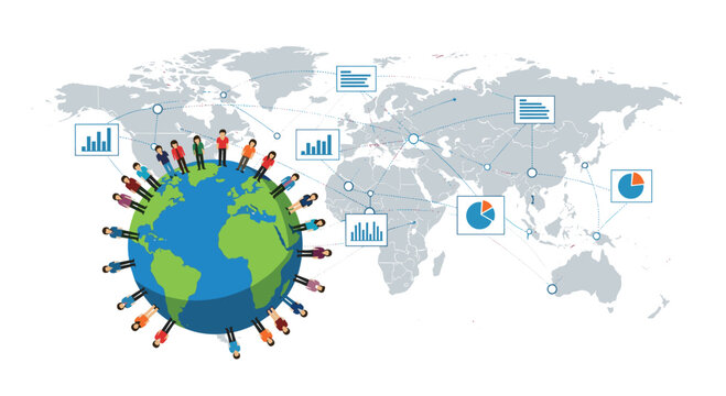 A green and blue globe with people standing on its surface is positioned in front of a grey world map with charts.