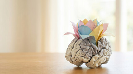 Brain origami paper flower mental health mindfulness creativity wellness cognitive balance psychology human brain lotus meditation calm wooden table indoor soft light hope self care therapy mind