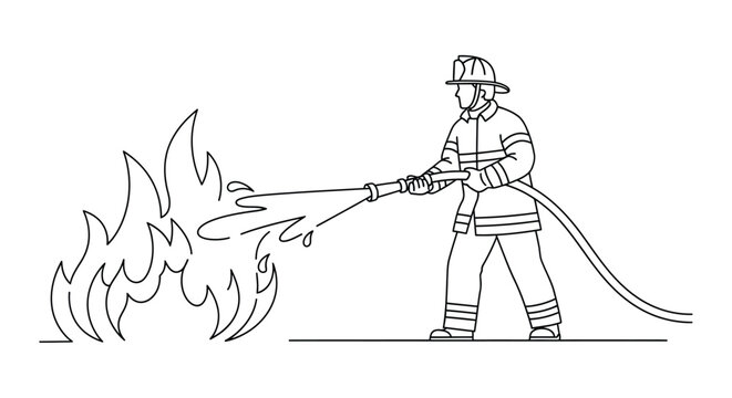 Firefighter extinguishing a blaze with a water hose in a simple line drawing