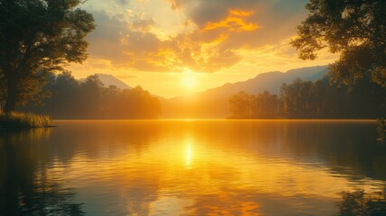 Fototapeta premium Golden Sunset Reflecting on Calm Lake Surface sunset lake calm water reflection trees mountains sky
