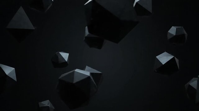 Dark geometric shapes floating in black space.