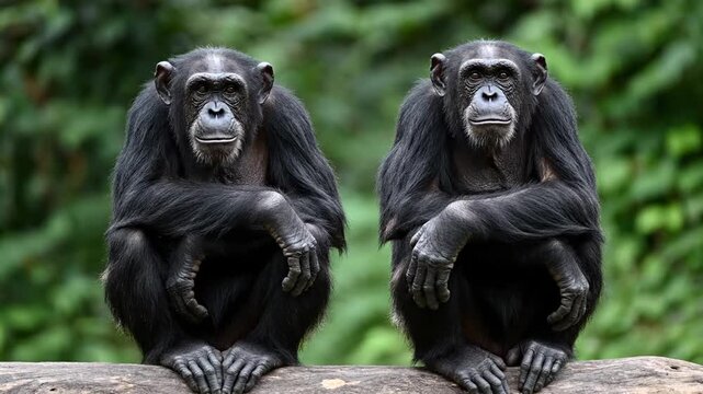 Two chimpanzees sitting.