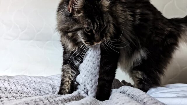 Fluffy tabby cat playfully biting a soft grey blanket on a cozy bed indoors at home