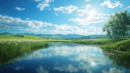 Fototapeta premium Peaceful Summer Landscape with Tranquil Lake Reflection and Blue Sky landscape lake reflection sky