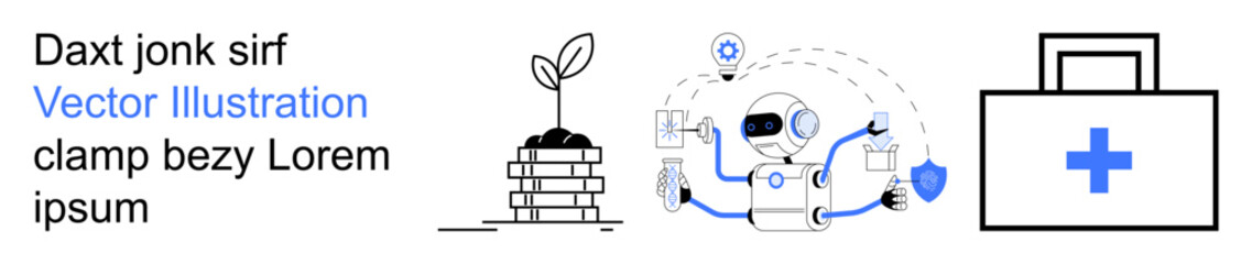Obraz premium Artificial intelligence, robotics, sustainable development, healthcare, environmental technology, innovation. Robot with tech elements, sprouting plant medical kit. AI and sustainability concepts
