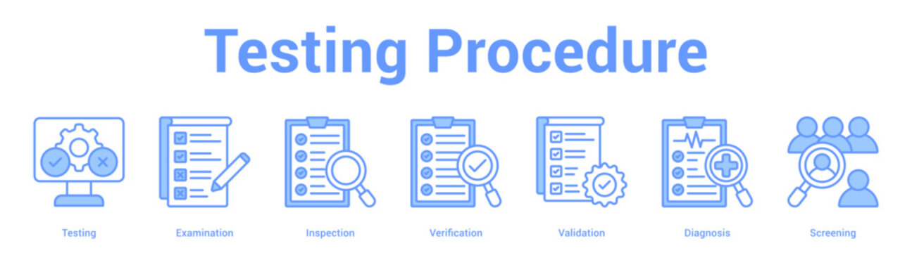 Testing Procedure web banner icon set vector illustration concept for business with icon of Testing, Examination, Inspection, Verification, Validati.