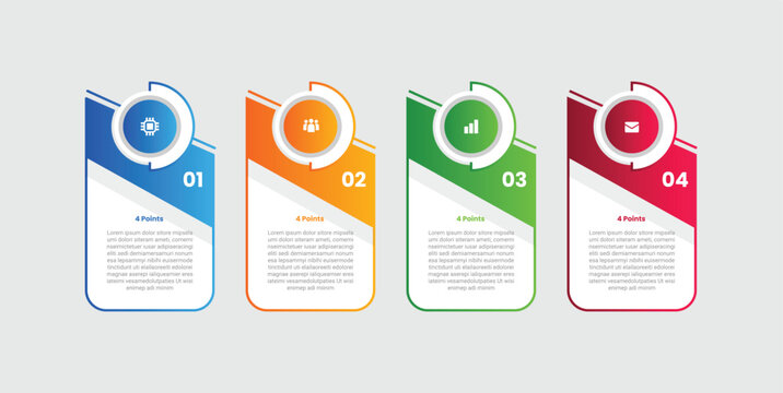 4 points infographic with gradient style with vertical rectangle box with skew slice cut on top with main circle base with 4 elements stages