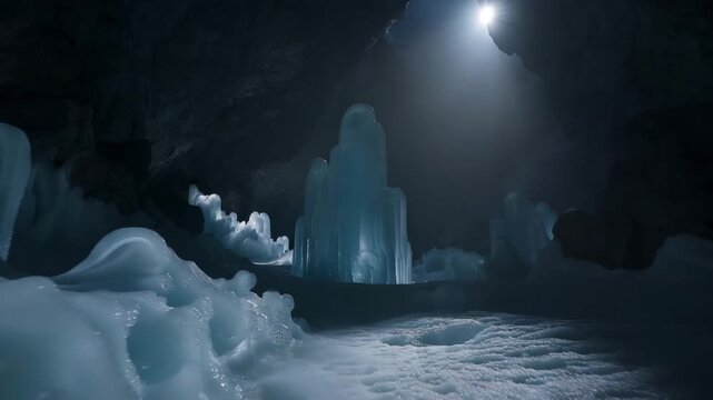  Abstract perennial ice in high mountain cave background with blue pillars and light shaft
