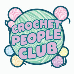 Fototapeta premium Whimsical logo design for a crochet people club featuring colorful yarn balls encircling a stylized textured background element suitable for branding crafts.