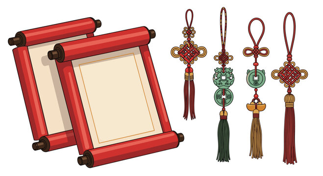 Two vertical red scrolls with blank cream centers stand next to four hanging charms featuring green jade pieces and long silk tassels.