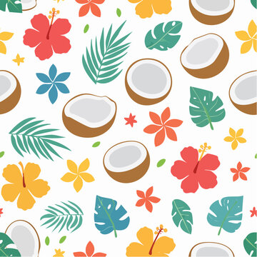 Vibrant seamless tropical summer pattern featuring an array of exotic hibiscus flowers, fresh palm leaves, and ripe coconuts, ideal for warm weather designs