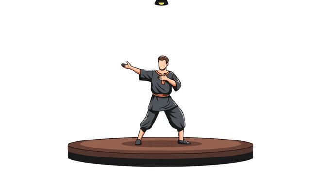 Martial artist in a dynamic pose on a wooden stage with a spotlight above creating a dramatic artistic presentation