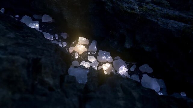 Abstract mineral glow in fissure background with quartz crystals catching light