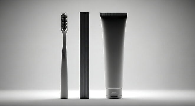 essential oral hygiene set with a toothbrush product packaging and toothpaste tube in a minimalist studio shot