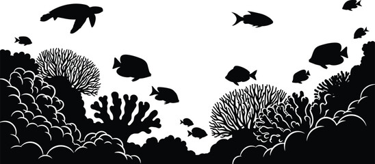 Underwater coral reef silhouette scene, sea turtle and tropical fish swimming above coral reef ecosystem, ocean marine life illustration © Muntaha