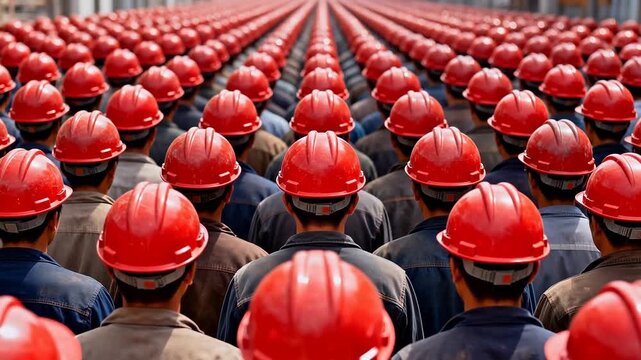 rows of workers in red helmets