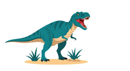 Naklejka premium Majestic teal tyrannosaurus rex roaring with primal ferocity amidst prehistoric foliage illustration with clean white background