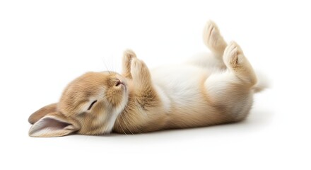 Obraz premium A cute rabbit lies on its back, relaxing in a playful pose.