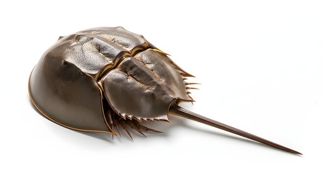 A large brown horseshoe crab with long tail and spiky legs on white background
