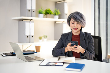 Busy middle aged 50s business woman holding cell mobile phone using cellphone in corporate office....