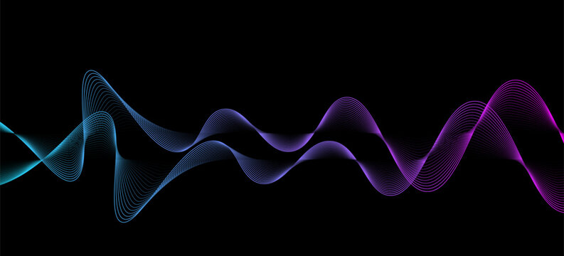 abstract motion sound wave equalizer colorful purple blue green isolated on black background. Vector illustration in concept of sound, voice, music