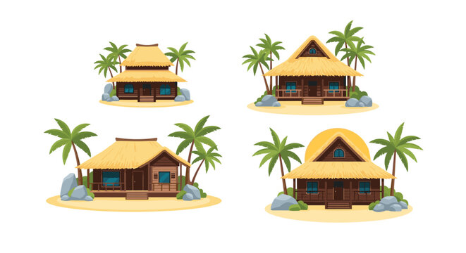 Collection of four different tropical wooden huts with traditional thatched roofs are nestled among green palm trees and large rocks.