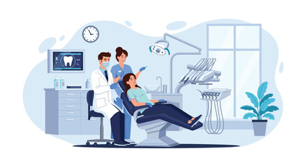 Fototapeta premium Professional dentist and his assistant provide careful medical treatment to a patient in a modern dental clinic with advanced tools.