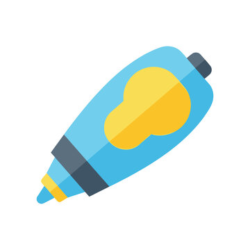 Blue highlighter pen with yellow mark on white background, office supplies