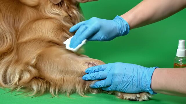 Veterinarian Wearing Blue Gloves Cleans a Golden Retriever Dog's Paw With a Wipe on a Green Screen Background, Close Up Shot of Pet Care