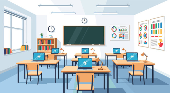Empty modern computer laboratory classroom with rows of laptops on desks and educational charts on walls in school interior.