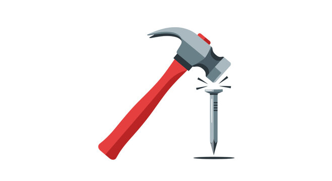Hammer hitting nail on white background.