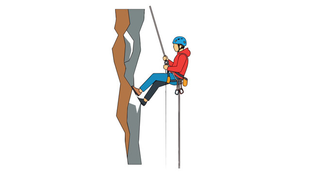 Dynamic illustration of a person rappelling down a textured rock face using a rope and safety gear