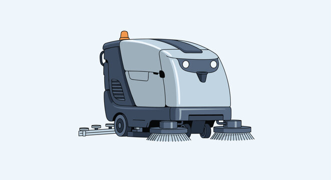 Modern industrial automatic floor cleaning machine with brushes and a warning light against a light blue background.