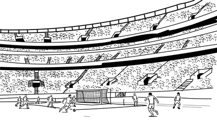 Obraz premium Black and white illustration of a soccer stadium with players on field