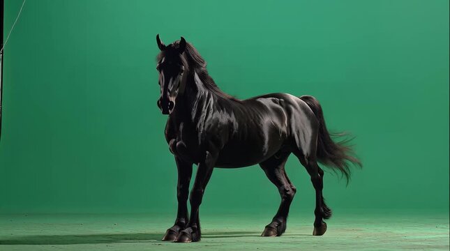 Magnificent black horse, embodying strength and elegance, captured on a bright green studio screen, poised for innovative visual effects and seamless digital content creation
