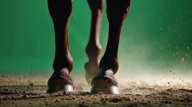 A close-up low-angle view of powerful horse hooves and legs stirring up fine sand and dust on the ground, creating a dynamic sense of motion and strength against a vibrant green screen background