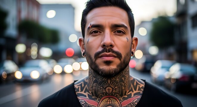 Young adult male with prominent neck tattoos poses for a  portrait in an urban street setting