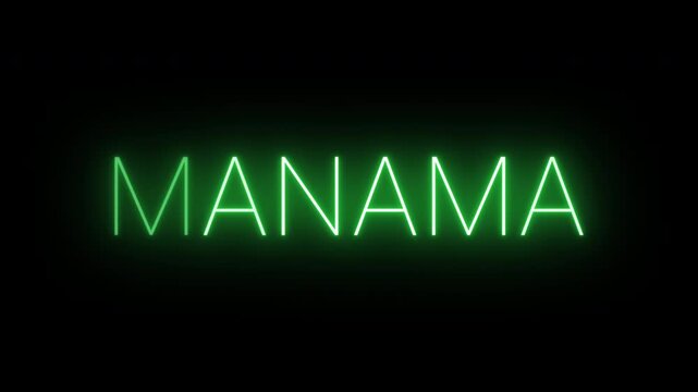 Flickering neon green glowing manama sign animated on black background.
