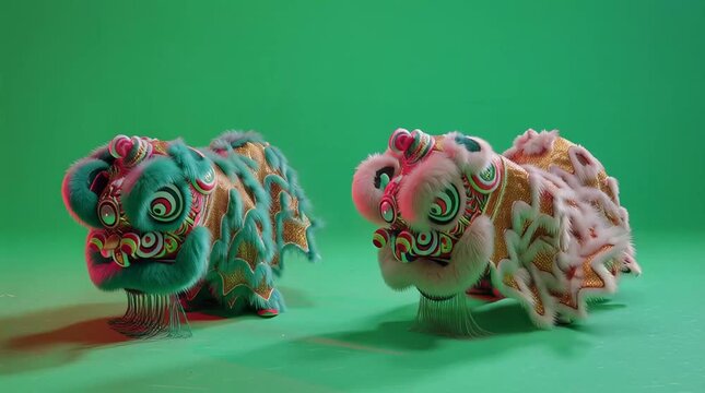 Traditional Chinese Lion Dance Heads in Vibrant Colors with Green Background and Studio Lighting