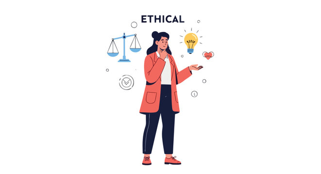 Illustration of a person contemplating ethical decisions with symbols of justice, ideas, and empathy representing moral reasoning and conscious