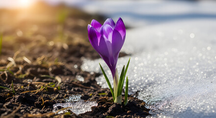 Crocus Flower Emerging From Snow and Soil