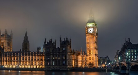 Fototapeta premium Iconic London landmark at night, illuminated against a moody, overcast sky. The clock tower glows with warmth, surrounded by historic buildings