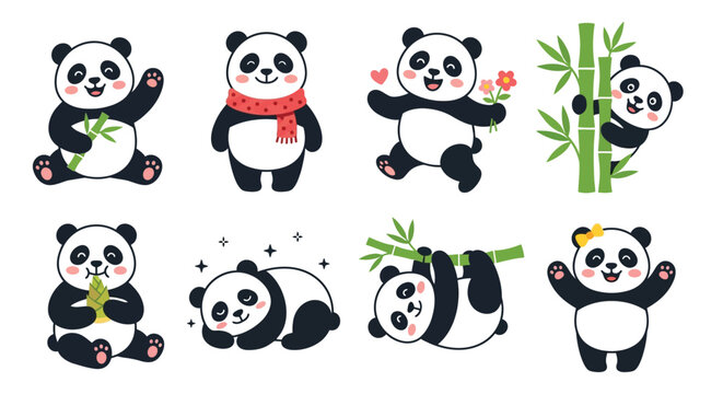 Adorable panda characters in various poses with bamboo and floral elements
